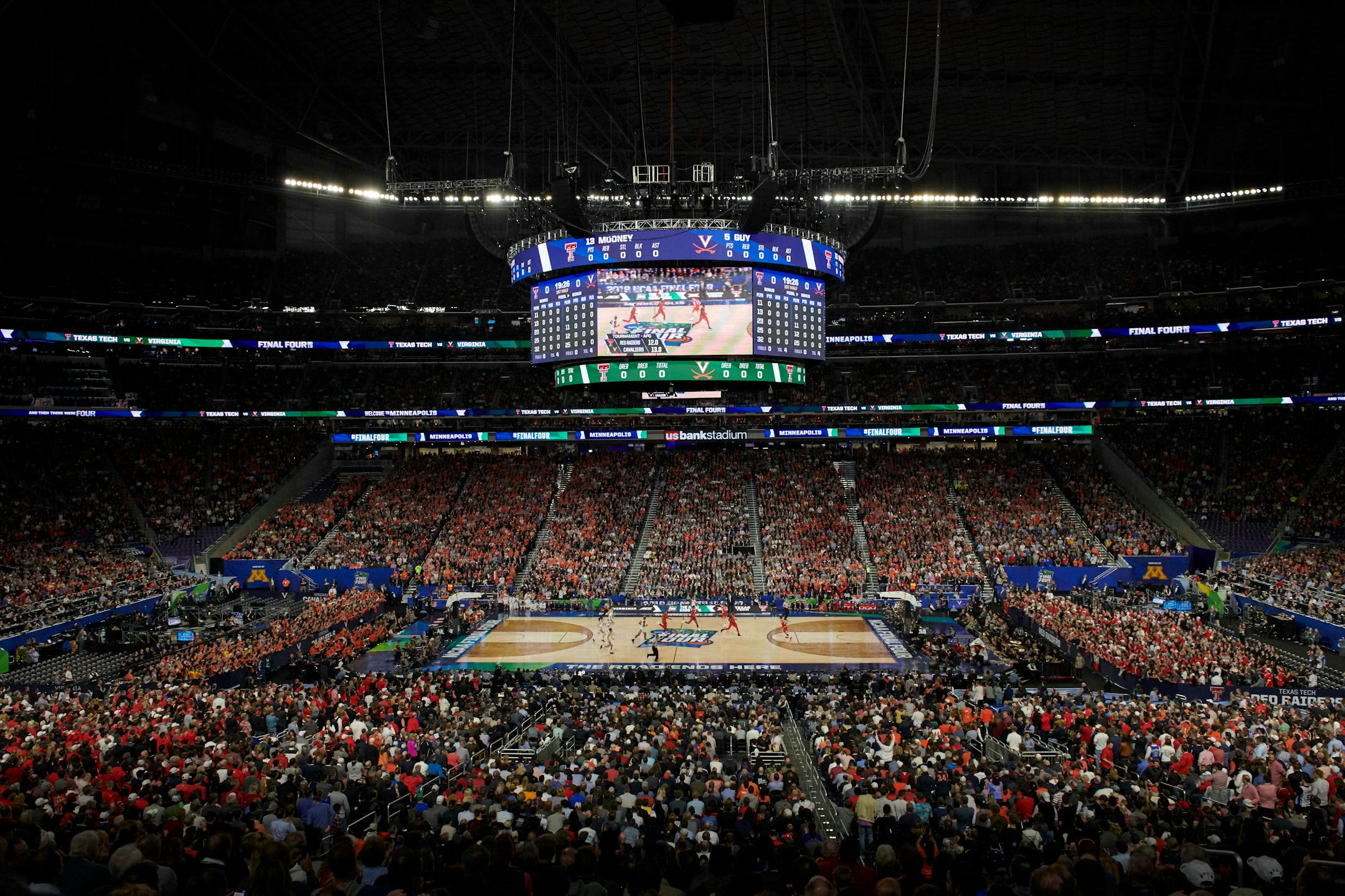 Virginia and Texas Tech played in the NCAA basketball championship game at U.S. Bank Stadium on Monday night. Virginia won 85-77 in overtime.