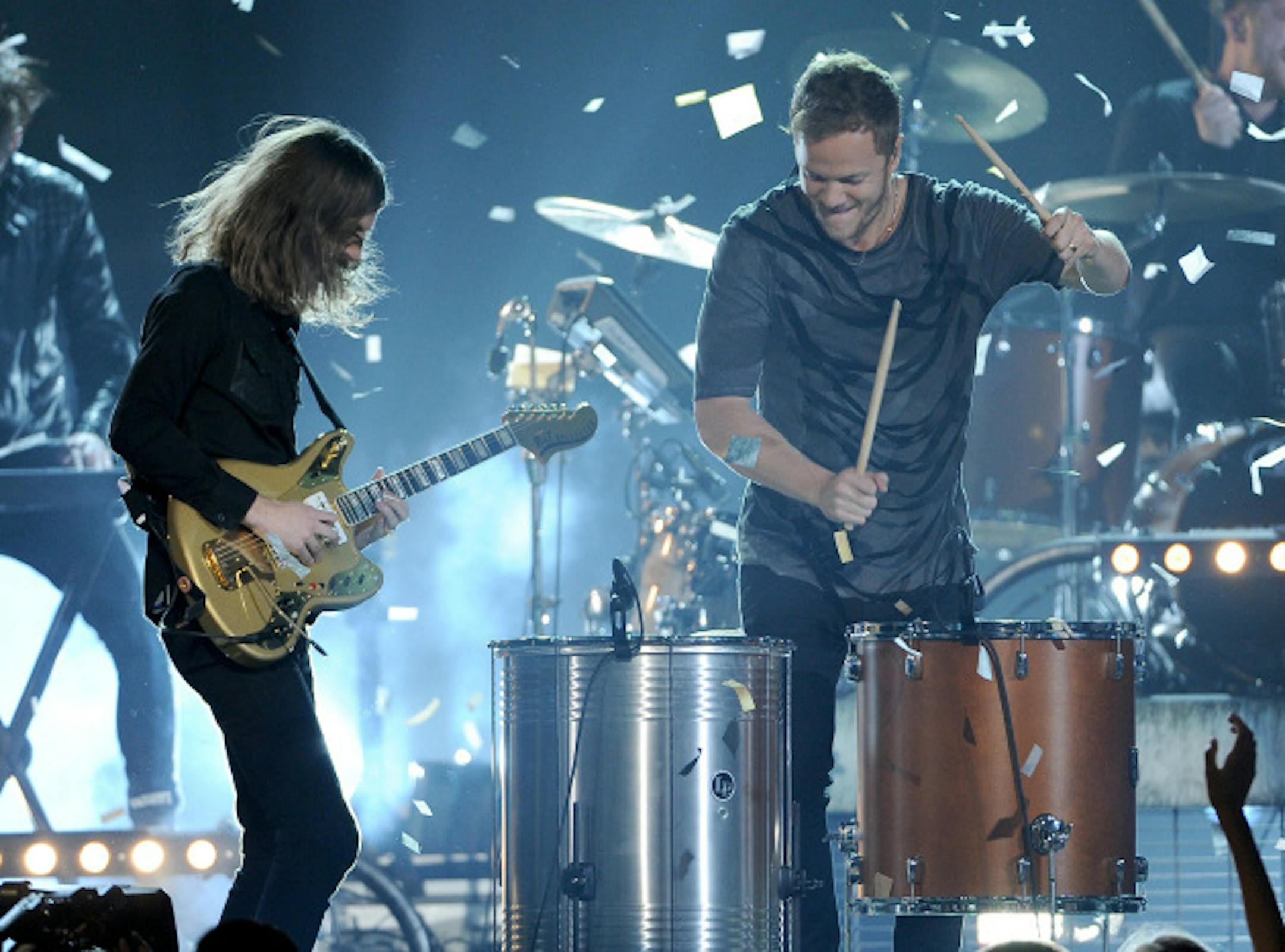 Wayne Sermon, left, and Dan Reynolds of Imagine Dragons performed at the Billboard Music Awards on Sunday in their native Las Vegas. (Photo by Chris Pizzello/Invision/AP)
