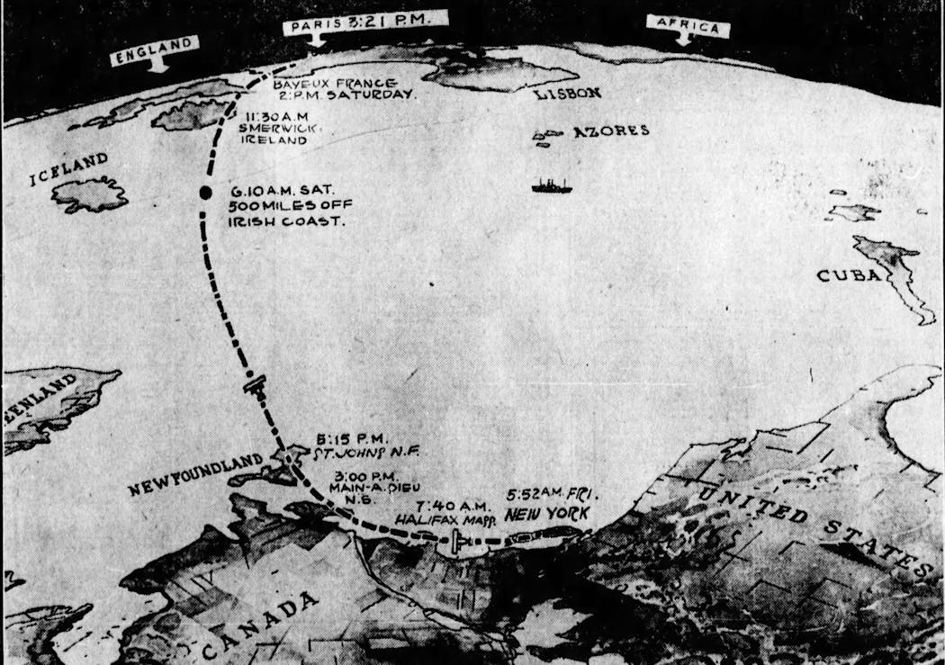 This map traced the path of Lindbergh's 33.5-hour journey -- from New York, over Newfoundland, the Atlantic Ocean and Ireland before reaching Paris. 