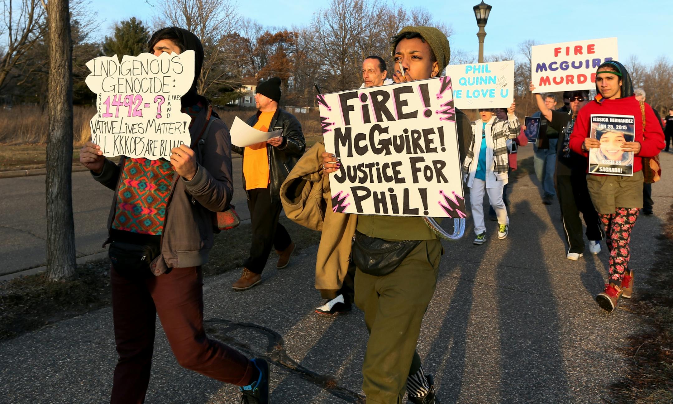 A group of Native Lives Matter protesters marched along Indian Mounds Park in St. Paul on Saturday, February 27, 2016. The group initially planned on meeting up with Black Lives Matter at the Red Bull Crashed Ice event until BLM canceled their plans.