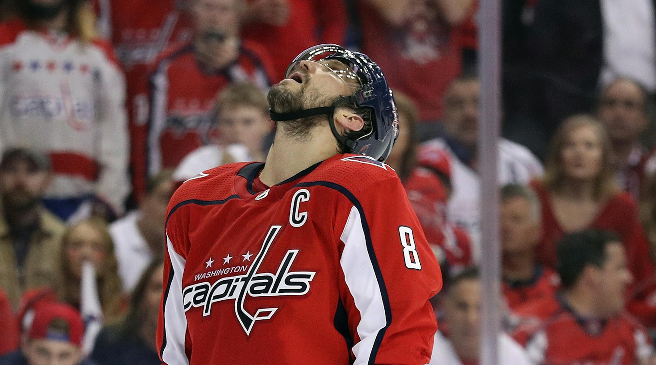 Alex Ovechkin of the Washington Capitals looks upward following a first overtime save by Petr Mrazek of the Carolina Hurricanes in Game 7 of the Eastern Conference first-round playoff series at the Capital One Arena in Washington, D.C., on Wednesday, April 24, 2019. The Hurricanes advanced with a 4-3 win in double overtime. (Patrick Smith/Getty Images/TNS) **FOR USE WITH THIS STORY ONLY**