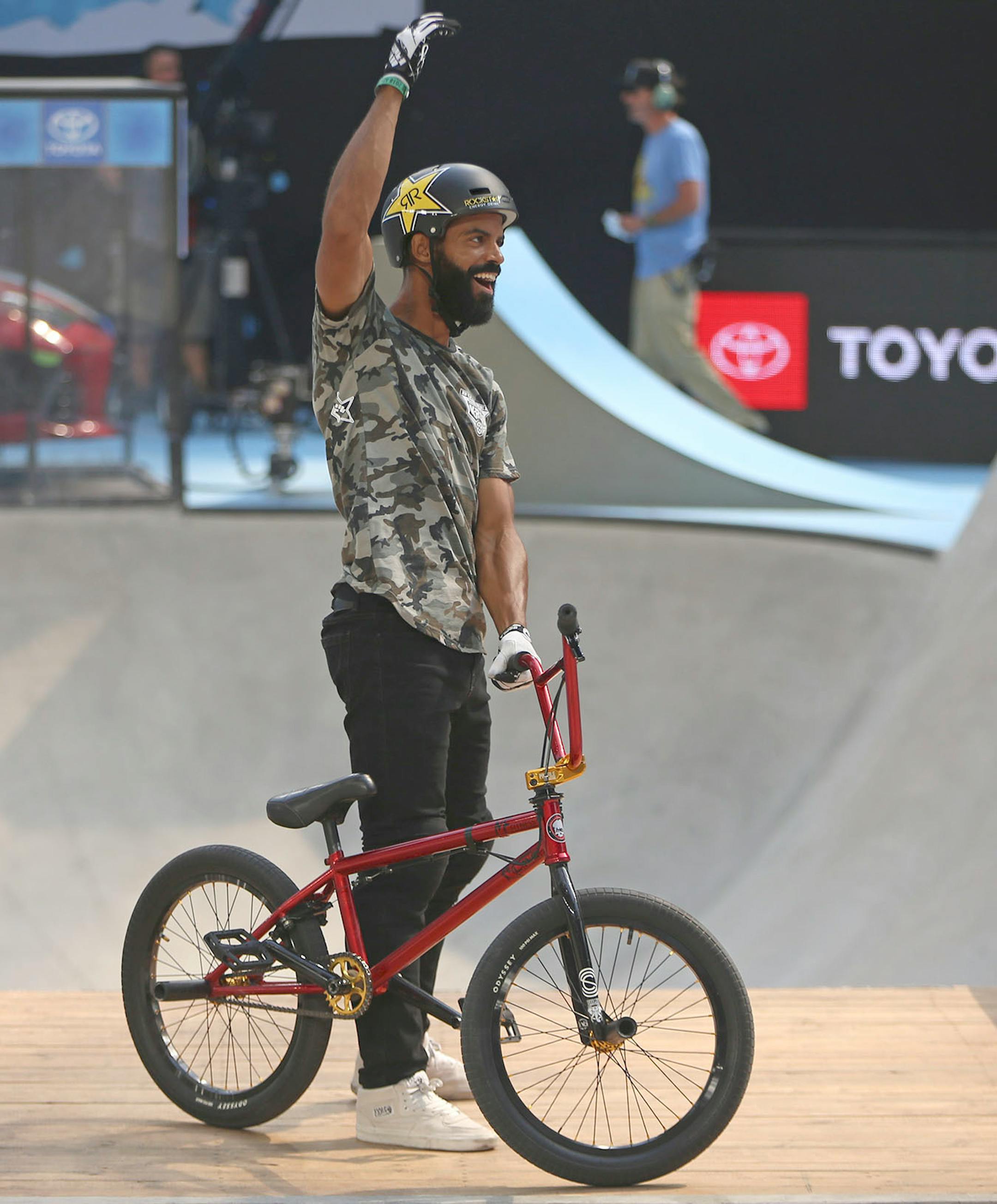 Mykel Larrin gets the crowd excited after a great run in the men's BMX park final.