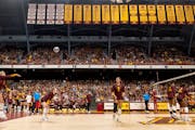 The Gophers’ Elise McGhie served against Texas on Aug. 29 before a packed house at Maturi Pavilion.