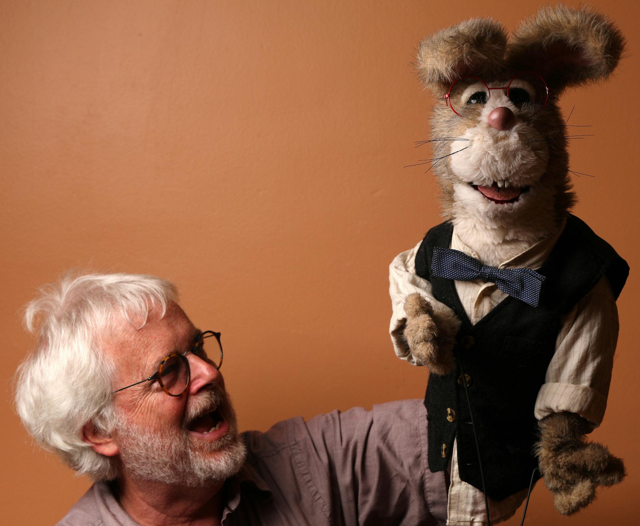Puppeteer Wayne Krefting, above, with his creation, Otis Rabbit, at his home. Puppets like Otis and Mesner Puppet Theater&#x2019;s characters, below, will be at the National Puppetry Festival in St. Paul.