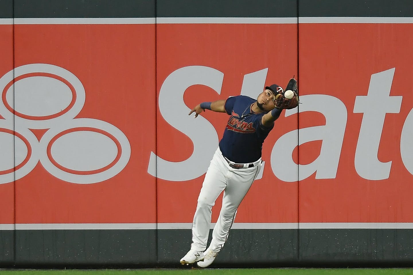 The Twins' Luis Arraez was unable to make a catch off the wall on a double hit by Nationals third baseman Anthony Rendon in the top of the sixth inning.