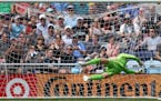 FC Cincinnati goalkeeper Spencer Richey was unable to stop a shot by Minnesota United midfielder Hassani Dotson