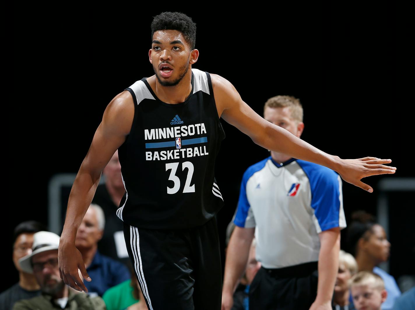 Minnesota Timberwolves first round draft pick Karl-Anthony Towns during a team scrimmage at Target Center. ] CARLOS GONZALEZ cgonzalez@startribune.com - July 8, 2015, Minneapolis, MN, Target Center, NBA, Minnesota Timberwolves, Wolves host open scrimmage