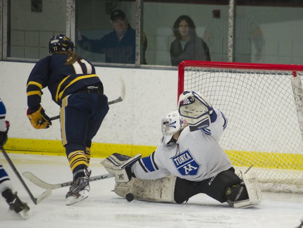 Minnetonka goalie Taty Delaittre makes a save on a shot from Wayzata's Izzy Shannon during the third period of Friday night's game at the Parade Ice G