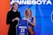 Connecticut's Dorka Juhasz, left, poses for a photo with commissioner Cathy Engelbert after being selected by the Minnesota Lynx at the WNBA basketbal