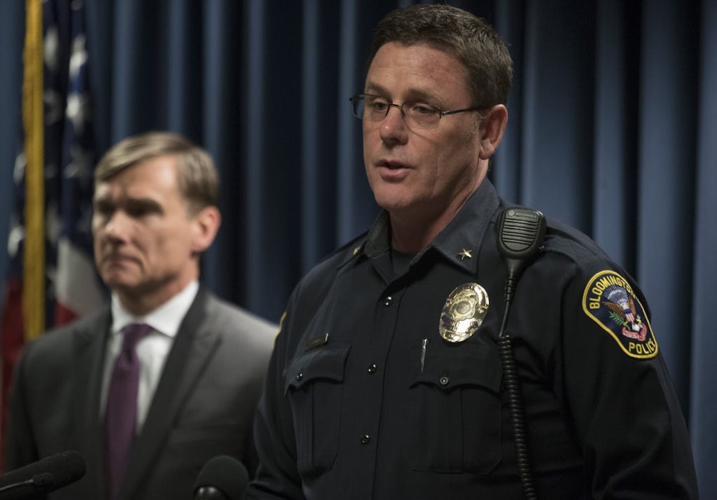 Bloomington Police Chief Jeff Potts spoke about the arrest and charging of three Illinois men in the bombing of Bloomington Minnesota Dar al-Farooq Islamic Center Tuesday March 13, 2018 in Minneapolis, MN.