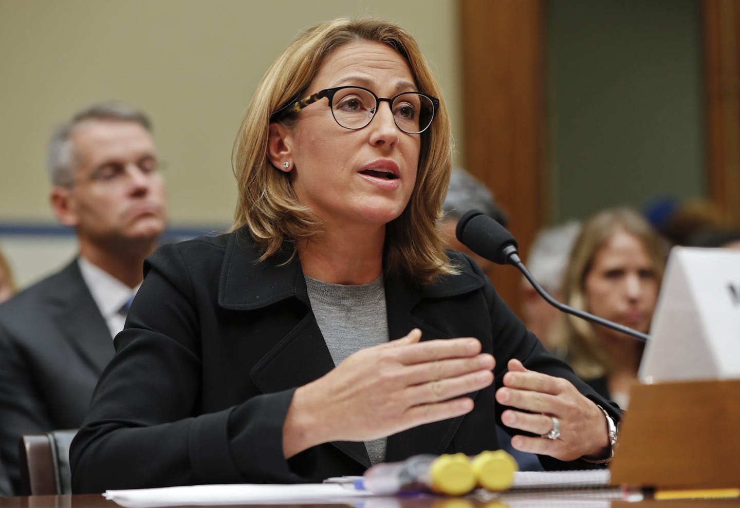 Mylan CEO Heather Bresch testifies on Capitol Hill in Washington, Wednesday, Sept. 21, 2016, before the House Oversight Committee hearing on EpiPen price increases. Bresch defended the cost for life-saving EpiPens, signaling the company has no plans to lower prices despite a public outcry and questions from skeptical lawmakers. (AP Photo/Pablo Martinez Monsivais)