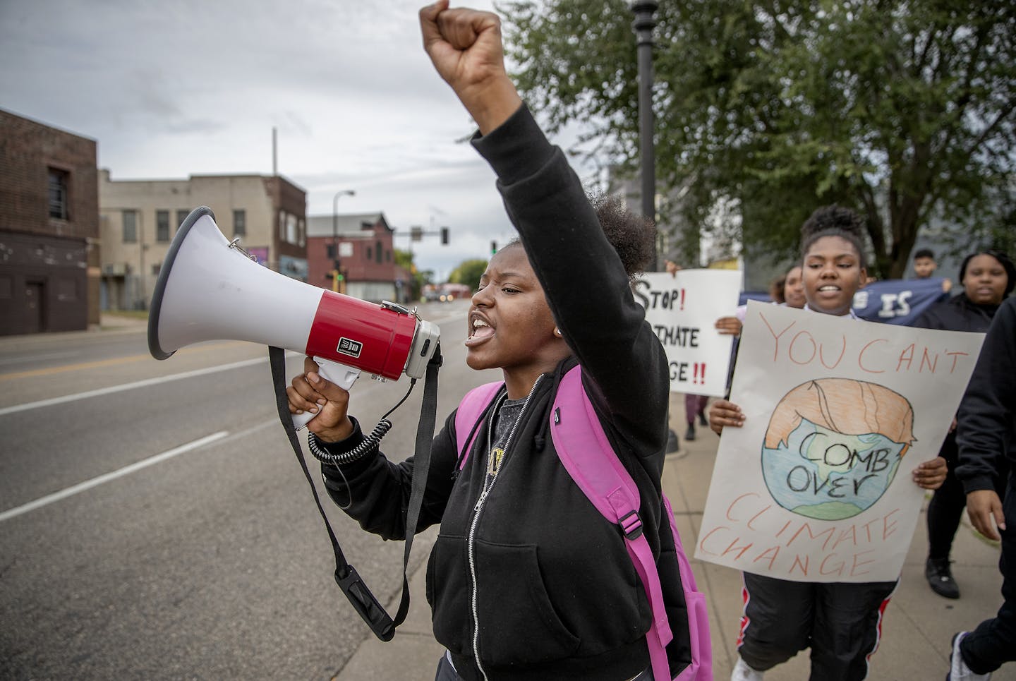 Rosie Harris, a senior from Plymouth Christian Youth Center (PCYC), joined a group of students as they made their way to the Davis Center, to speak to Minneapolis Public Schools Superintendent Ed Graff, Friday, September 27, 2019. ] ELIZABETH FLORES &#x2022; liz.flores@startribune.com