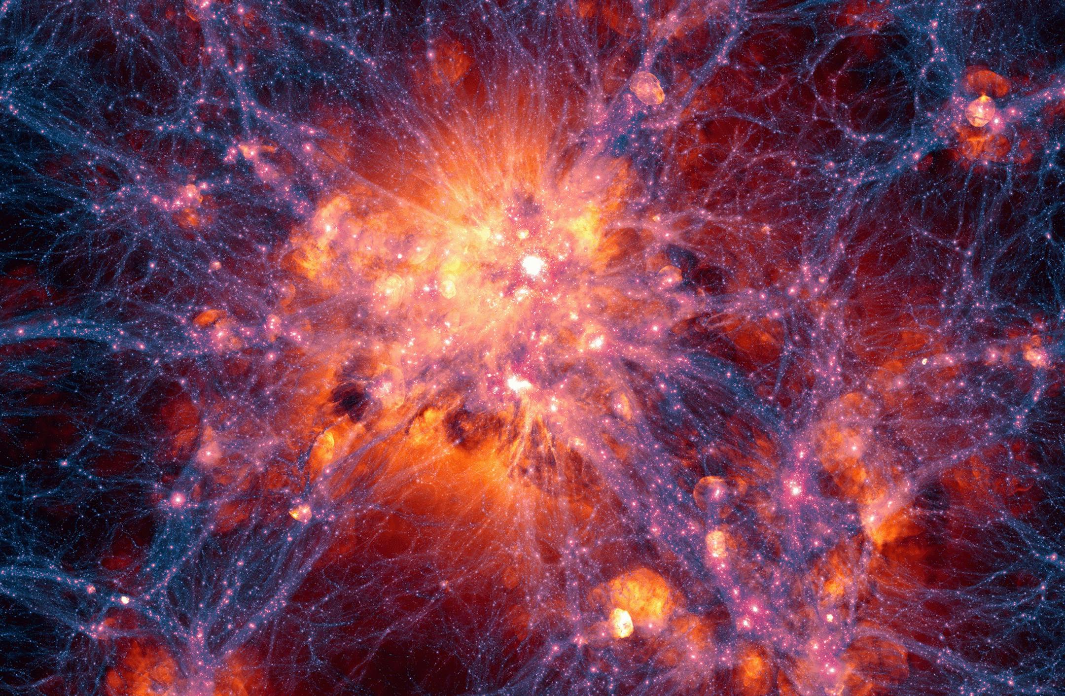 This image provided by the Illustris Collaboration in May 2014 shows dark matter density overlaid with the gas velocity field in a simulation of the evolution of the universe since the Big Bang. The new computer simulation that reproduces features &#x2014; such as galaxy distribution and composition &#x2014; more accurately than previous ones is described in the Thursday, May 8, 2014 issue of the journal Nature. Previous attempts have broadly reproduced the web of galaxies, but failed to create