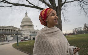 Rep. Ilhan Omar on the day she was sworn into Congress, Thursday, Jan. 3, 2019, at the Capitol in Washington.