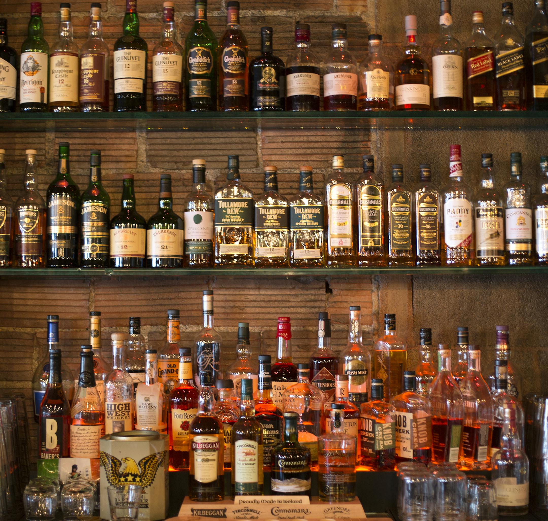 The whiskey selection at Morrissey's Irish Pub in Minneapolis on Thursday, March 6, 2015. ] LEILA NAVIDI leila.navidi@startribune.com /