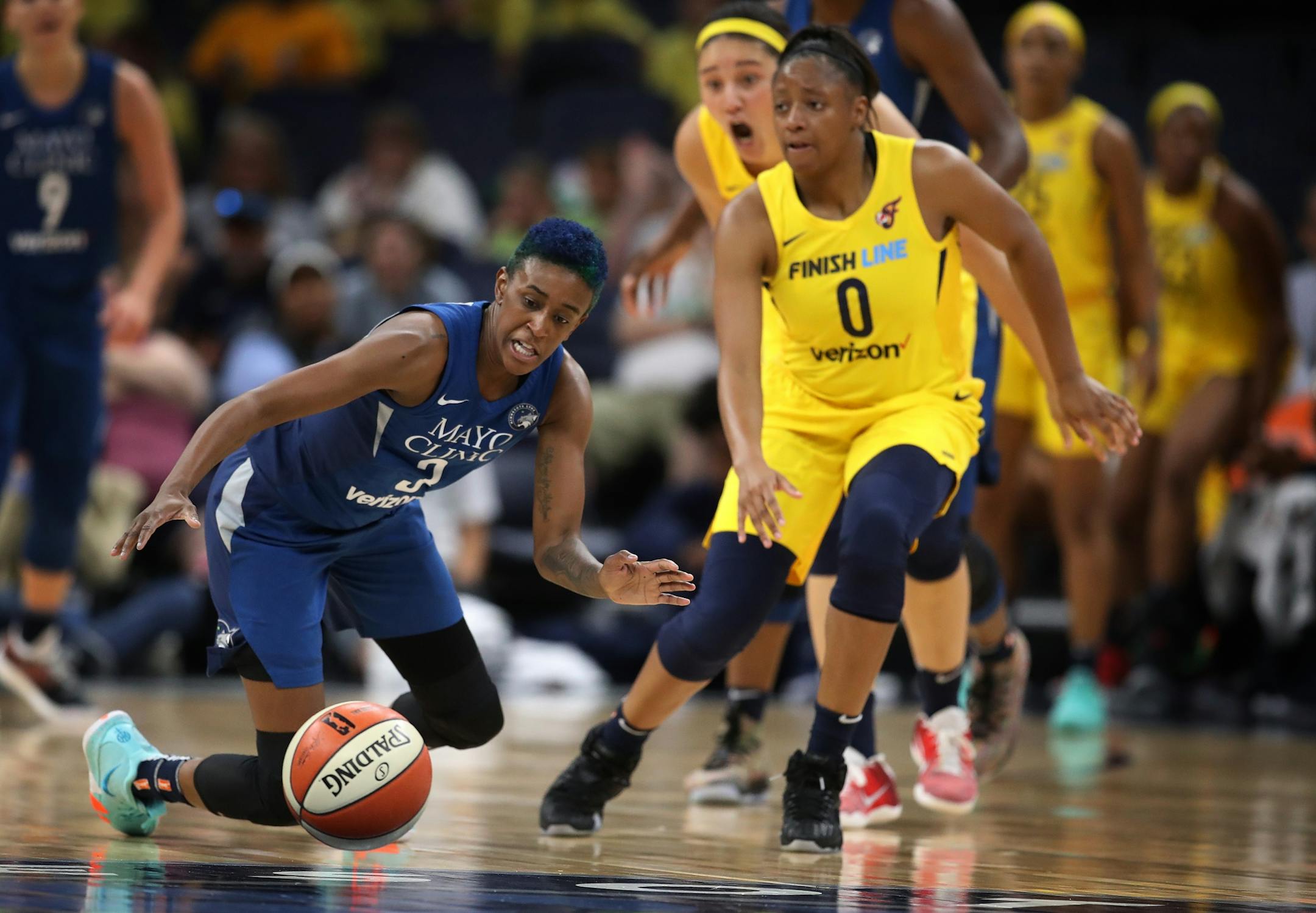 Lynx Danielle Robinson reached for a loose ball at Target Center Wednesday July 18, 2018 in Minneapolis , MN.