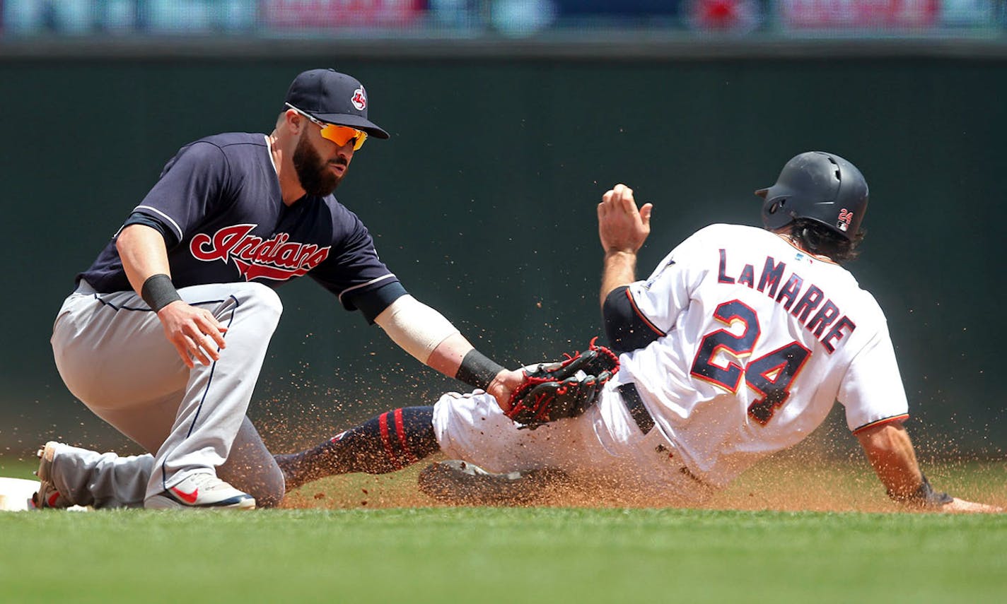 Minnesota Twins' Ryan LaMarre, right, beats the tag by Cleveland Indians second baseman Jason Kipnis to steal second base in the fourth inning of a baseball game Sunday, June 3, 2018, in Minneapolis.