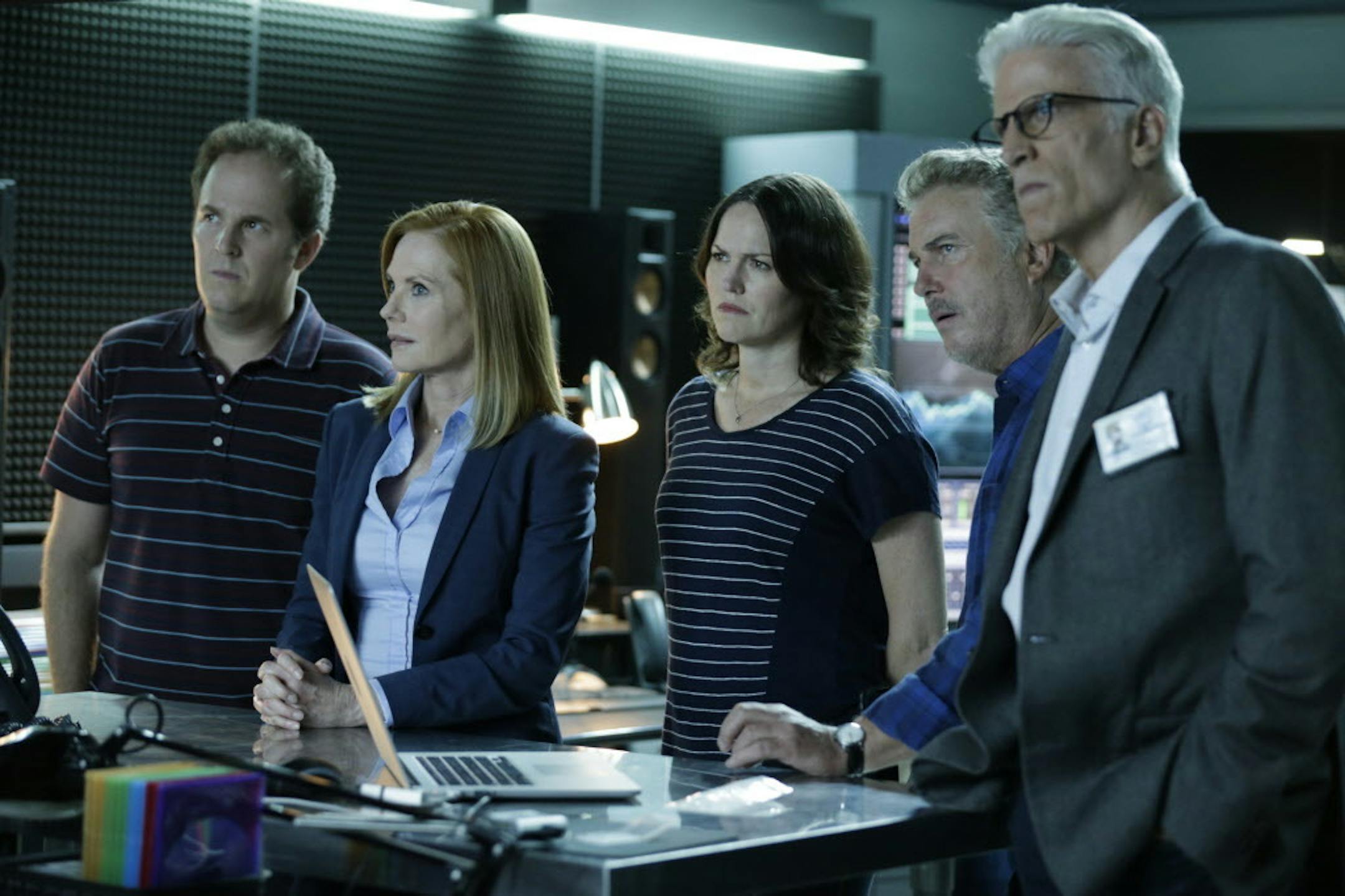 David Berman, Marg Helgenberger, Jorja Fox, William Petersen and Ted Danson in the series finale of "CSI: Crime Scene Investigation."