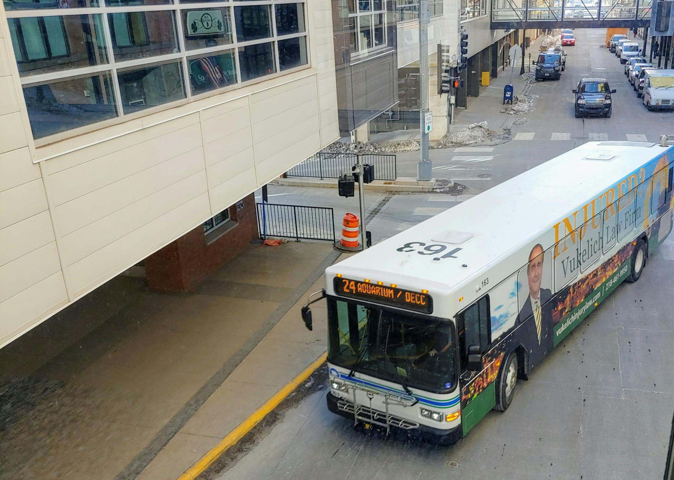 A bus pulls into the Duluth transit center on Wednesday. A free downtown circulator route, the DuLooper, is set to start in March.