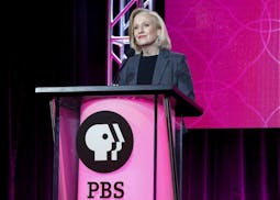 FILE - In this Jan. 15, 2017, file photo, President and CEO Paula Kerger speaks at the PBS's Executive Session at the 2017 Television Critics Associat