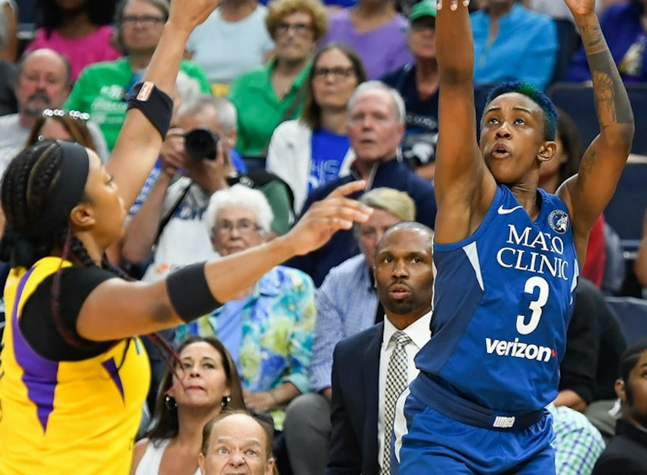 Danielle Robinson made this three-point shot against Los Angeles on July 5, but it was disallowed because she stepped out of bounds while shooting.