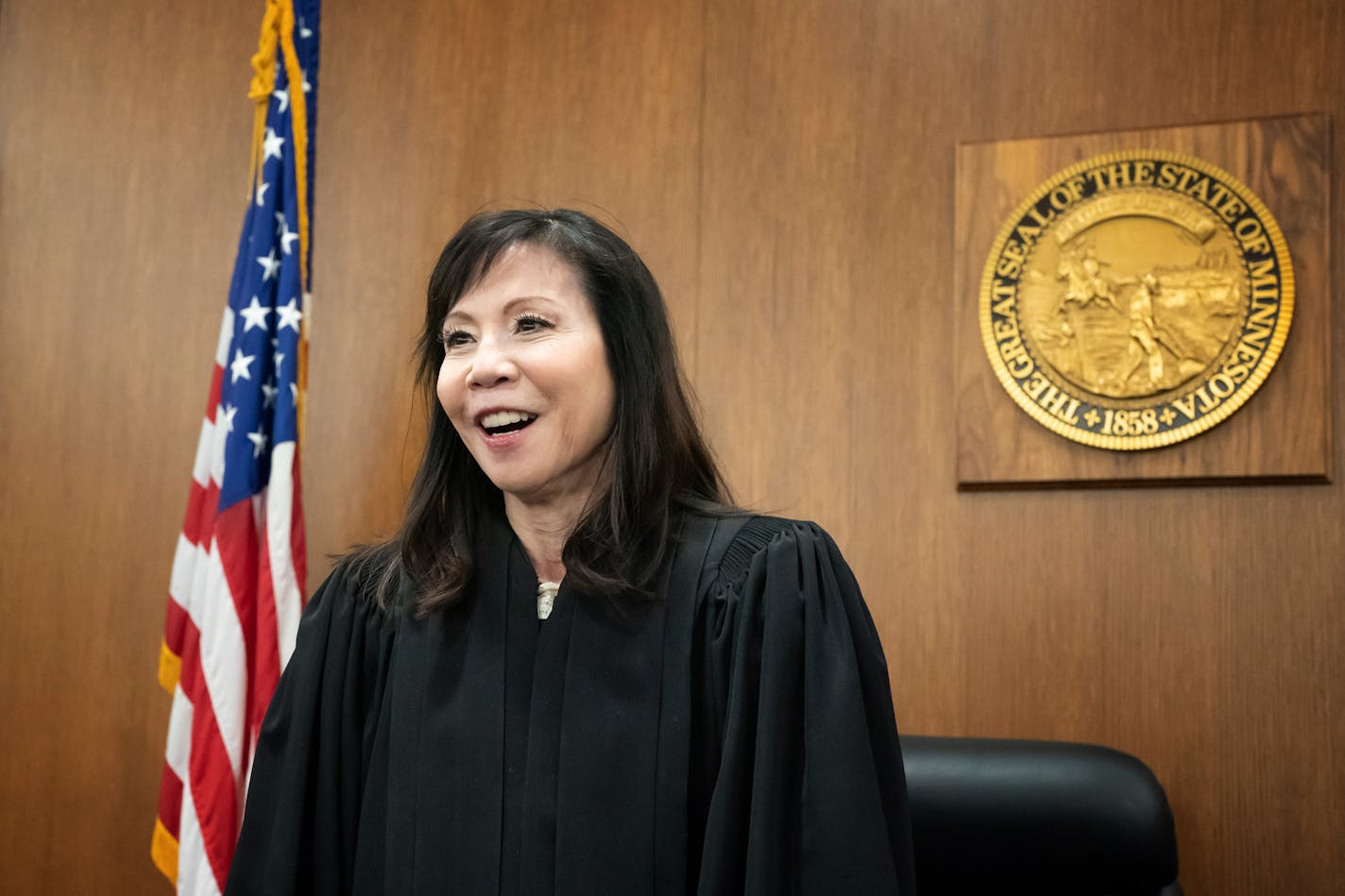 Judge Regina Chu in her sixth floor courtroom in the Hennepin County Government Center, Friday, April 1, 2022, Minneapolis, Minn. Regina Chu, the Hennepin County District Court judge who recently presided over the manslaughter trial of fired Brooklyn Center police officer Kimberly Potter, is retiring after roughly two decades on the bench. ] GLEN STUBBE • glen.stubbe@startribune.com