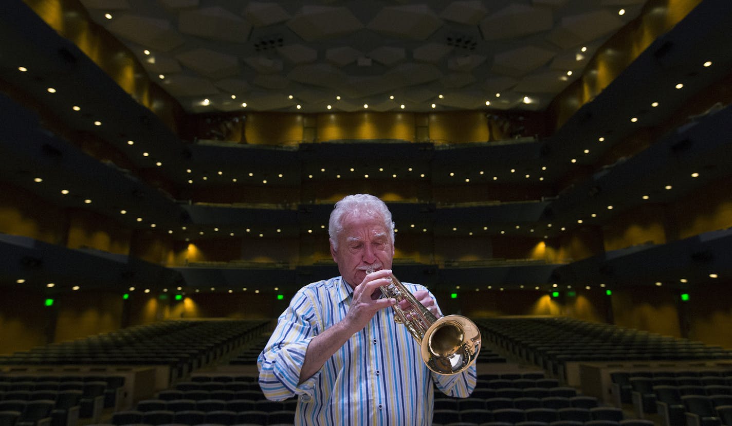 Doc Severinsen, 88, warmed up on his trumpet in an empty Orchestra Hall in Minneapolis, MN. Severinsen is in town to perform Jingle Bell Doc with the Minnesota Orchestra. He is best known for leading the NBC Orchestra on The Tonight Show Staring Johnny Carson. ] CARLOS GONZALEZ &#xef; cgonzalez@startribune.com - December 15, 2015 - 88-year-old Doc Severinsen, who is still playing the trumpet of his own design, still rocking those spangled suits. The beloved musician is performing his annual Chri