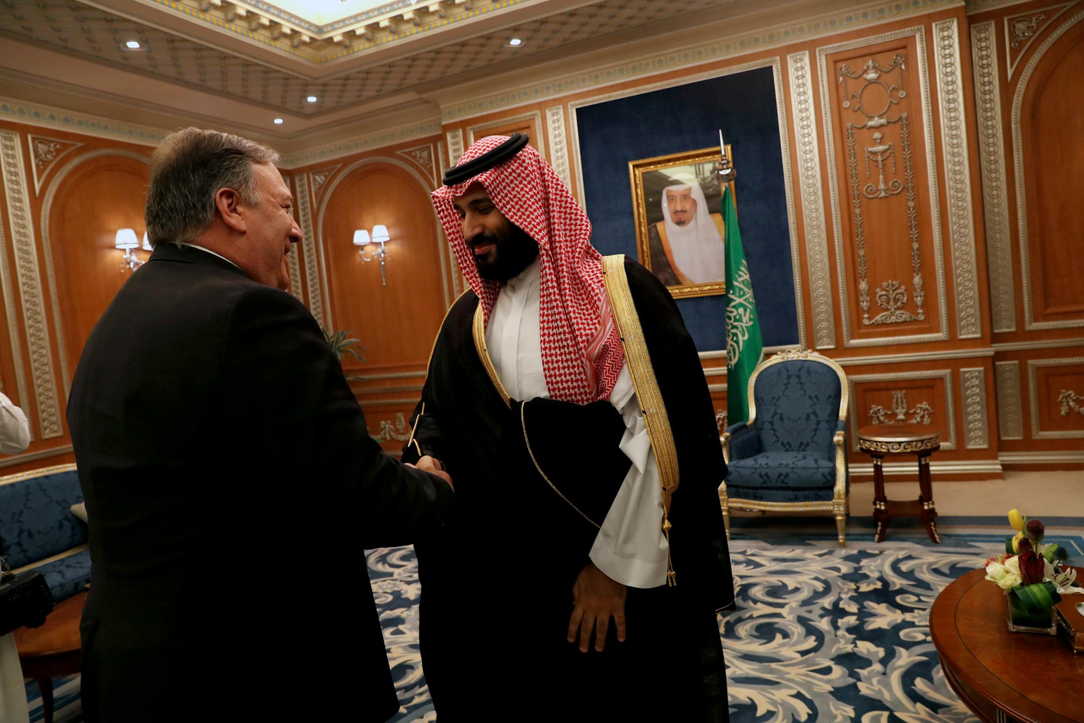 Secretary of State Mike Pompeo, left, meets with Crown Prince Mohammed bin Salman of Saudi Arabia in Riyadh on Tuesday, Oct. 16, 2018. Pompeo met with the crown prince, King Salman and other top officials to discuss the disappearance of a prominent Saudi journalist who Turkish officials say was killed and dismembered inside the Saudi Consulate in Istanbul. (Leah Millis/Pool via The New York Times) -- FOR EDITORIAL USE ONLY --