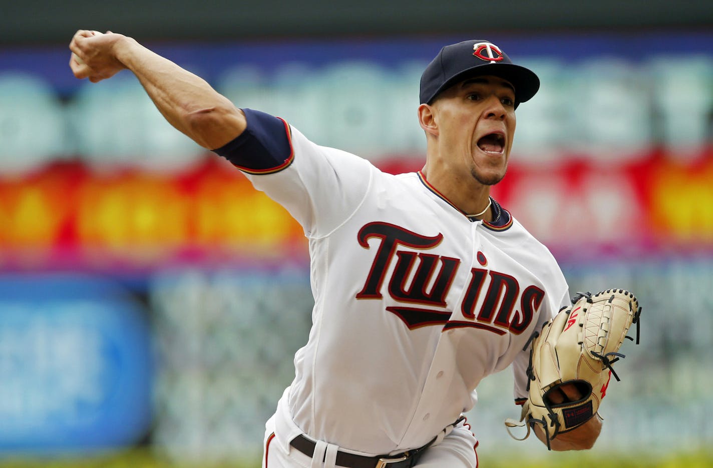 Minnesota Twins' pitcher Jose Berrios throws against the Houston Astros in the fourth inning of a baseball game Thursday, May 2, 2019, in Minneapolis. (AP Photo/Jim Mone)