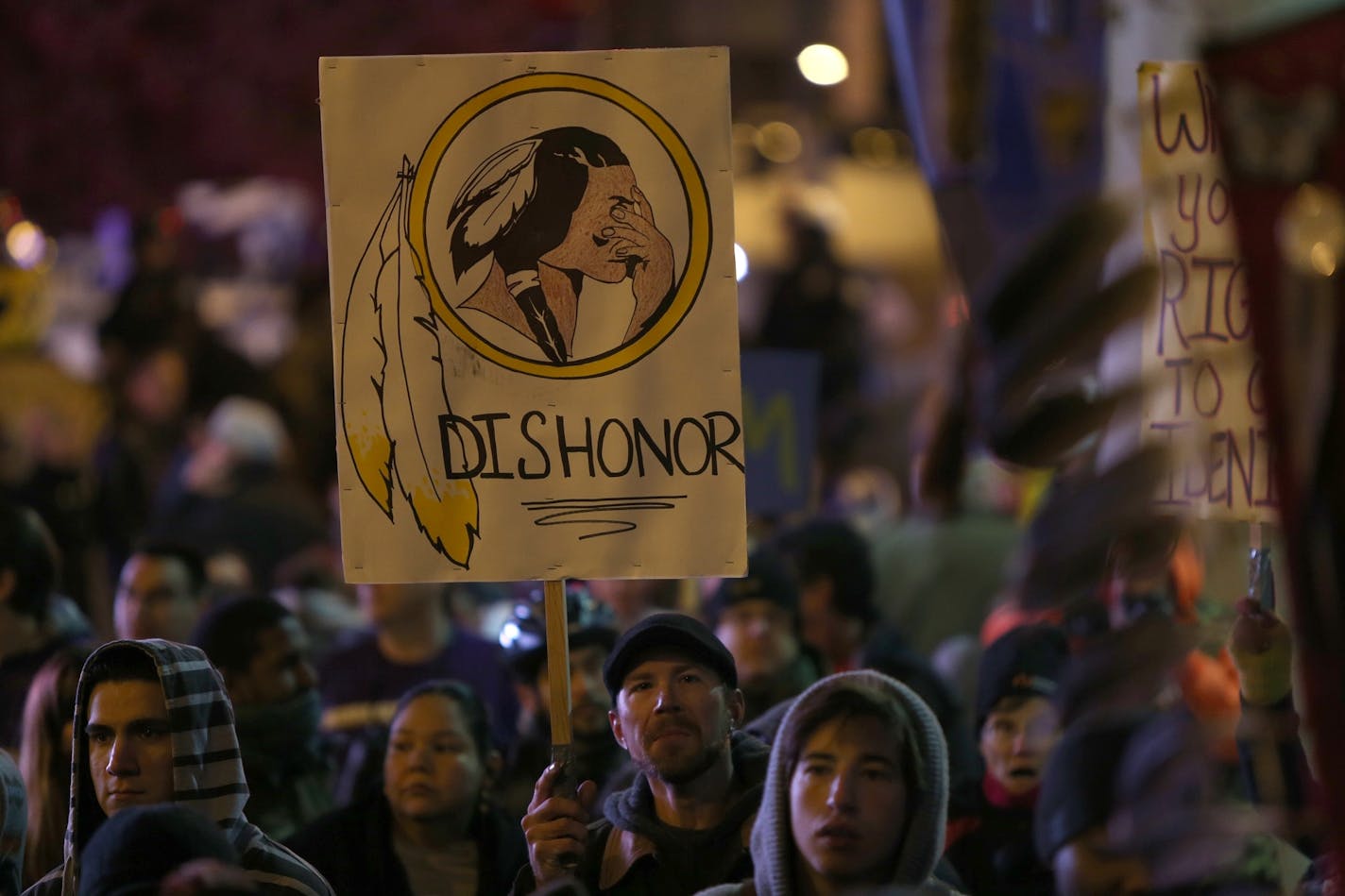 Calling Washington's NFL team nickname a racist slur, several hundred protesters rallied at the Mall of America Field, Thursday, November 7, 2013 in Minneapolis.