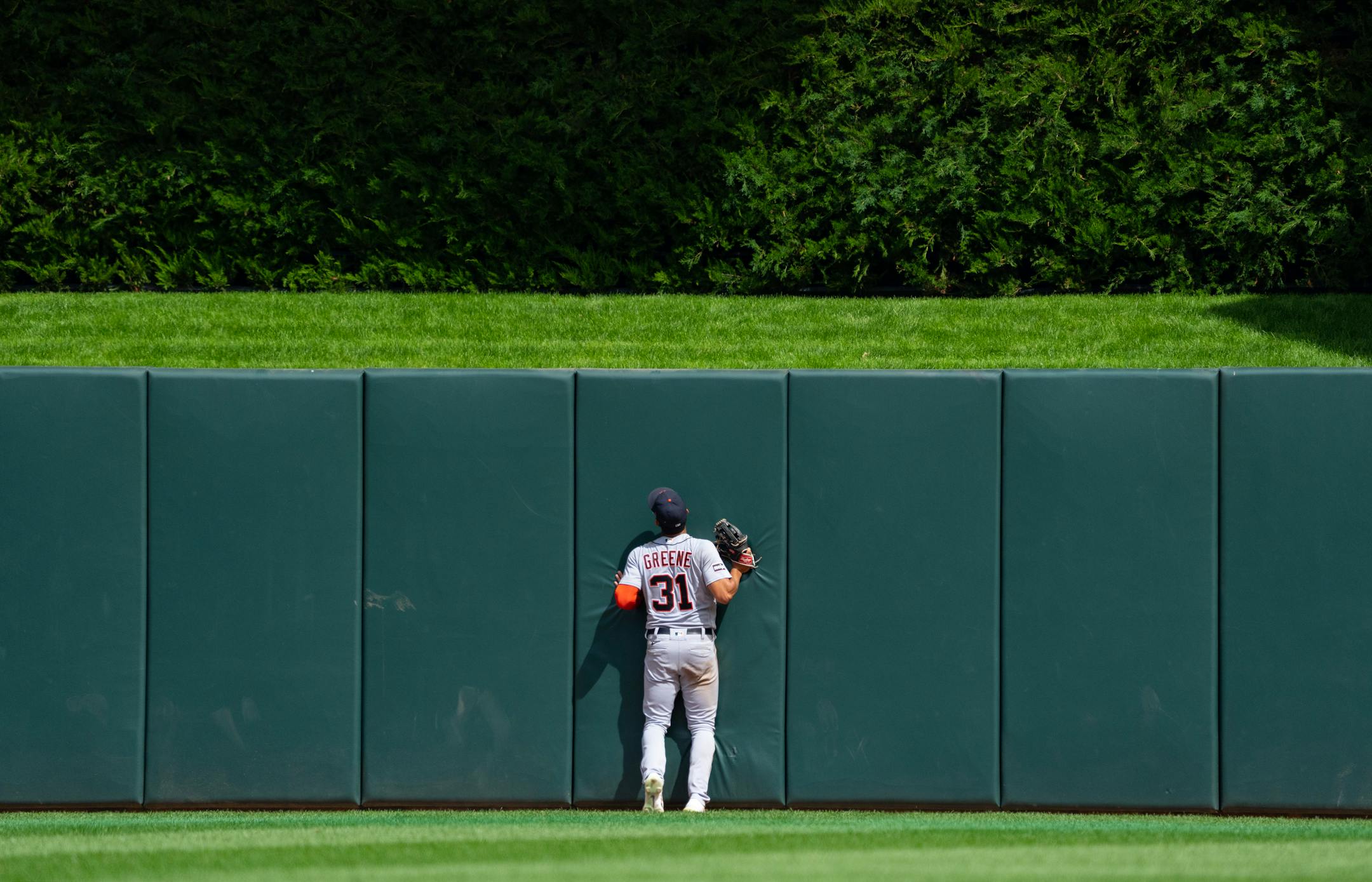 Detroit Tigers center fielder Riley Greene (31) runs into the wall as he tries to field a home run from Minnesota Twins designated hitter Jorge Polanco (11) in the ninth inning.