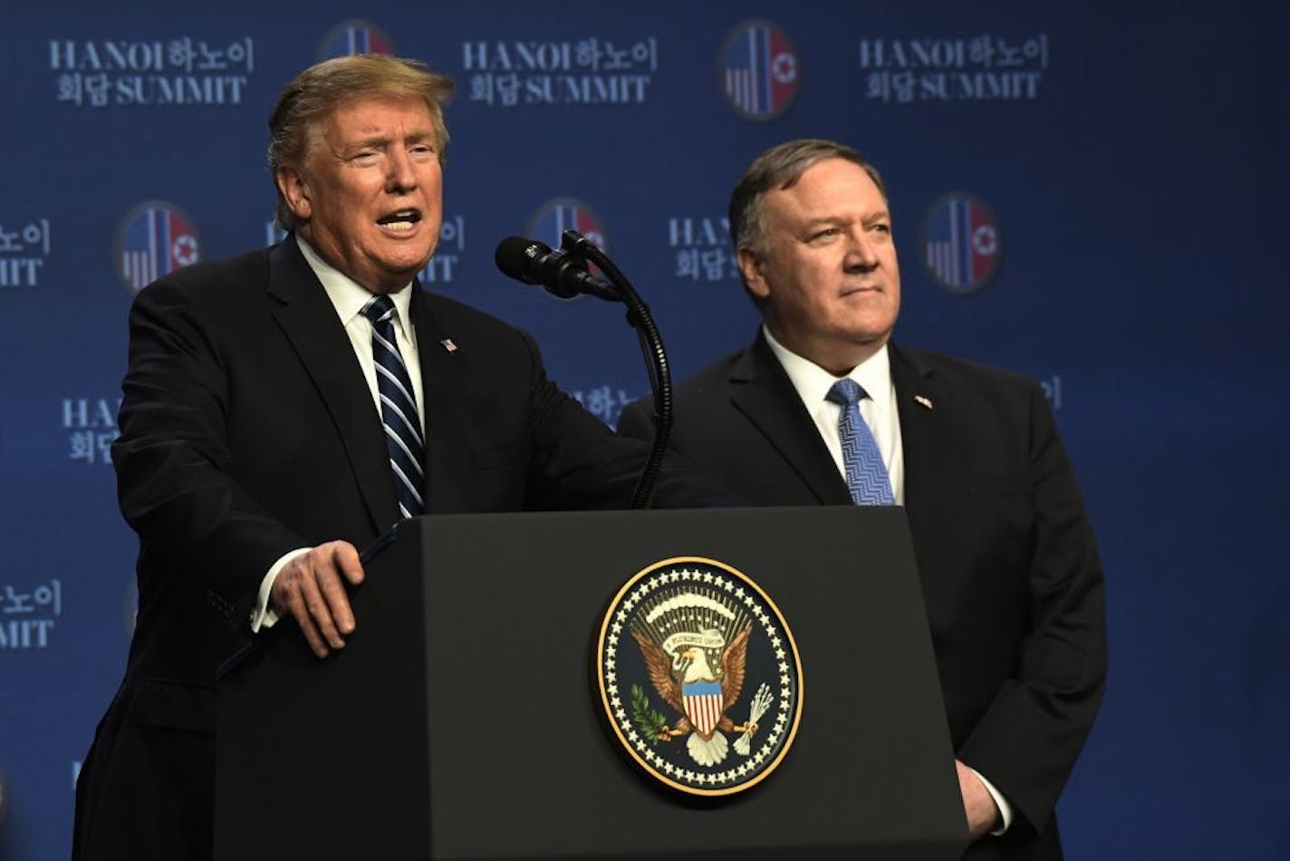 President Donald Trump, with Secretary of State Mike Pompeo, spoke during a news conference in Hanoi, Vietnam on Thursday following his summit with North Korean leader Kim Jong Un.