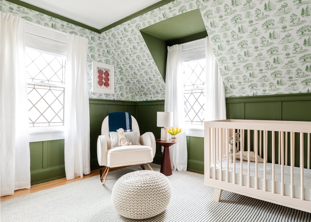 Peel-and-stick wallpaper is a beautiful and adjustable option for renters. Shown: Tree Toile in green by Chasing Paper by Carrie Shyrock, from $40. 