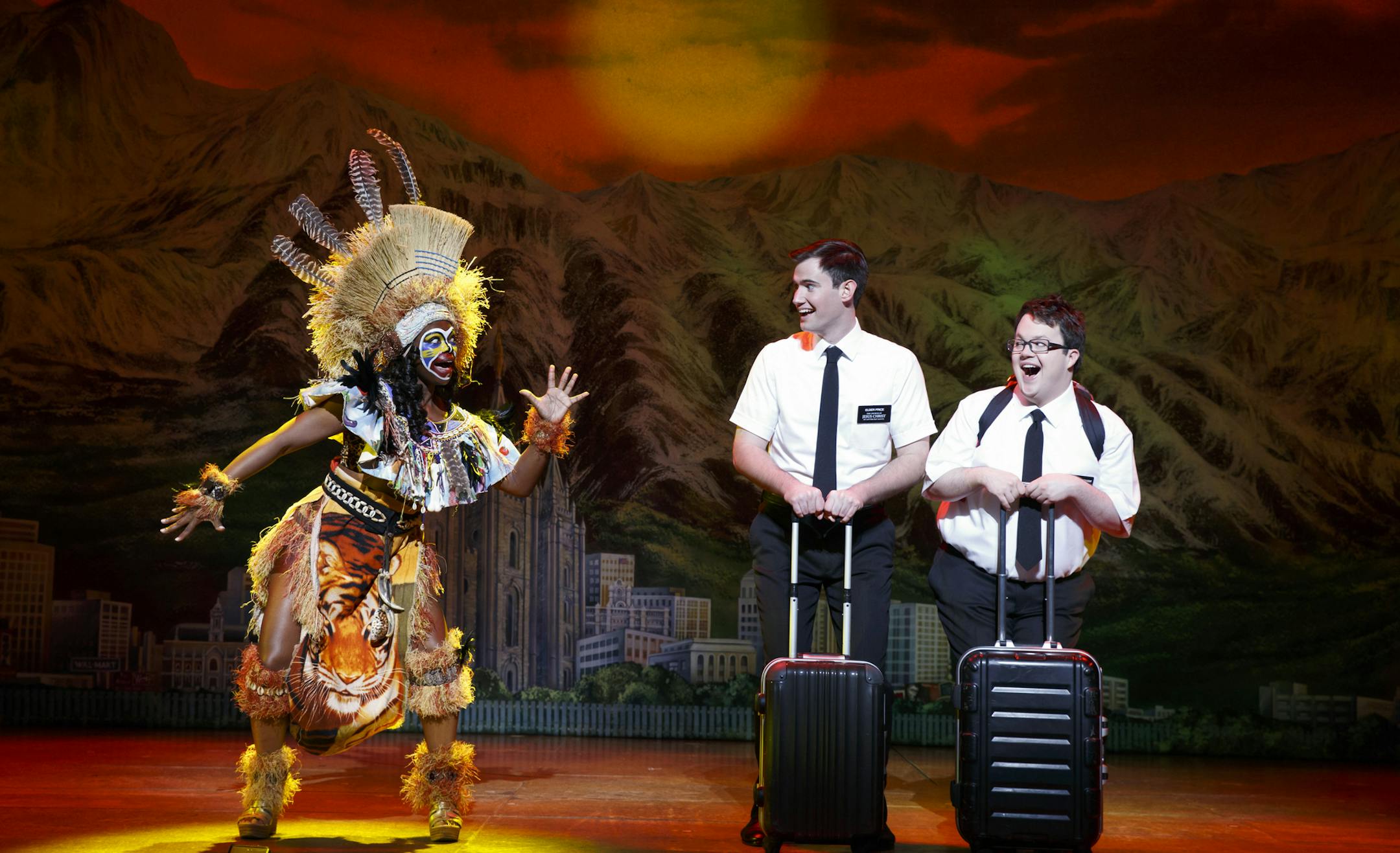 Monica L. Patton, Ryan Bondy and Cody Jamison Strand in “The Book of Mormon.”