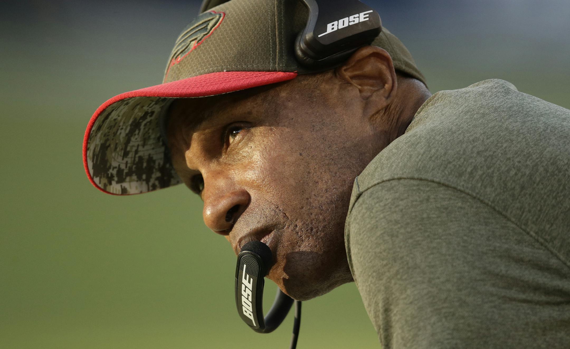 FILE - In this Nov. 19, 2017, file photo, Buffalo Bills defensive coordinator Leslie Frazier watches during the second half of an NFL football game against the Los Angeles Chargers, in Carson, Calif. A person with knowledge of the situation confirms to The Associated Press the Indianapolis Colts have sought permission to interview Buffalo Bills defensive coordinator Leslie Frazier for their head-coaching vacancy. The person spoke on the condition of anonymity on Thursday, Feb. 8, 2018, because n