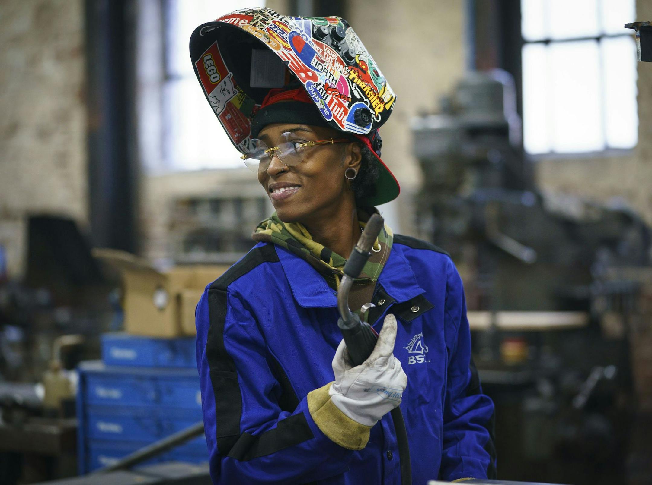 Welder Pa'Trice Frazier, 34, works at Cavo Design in Gloucester City, N.J. (Jessica Griffin/The Philadelphia Inquirer/TNS)
