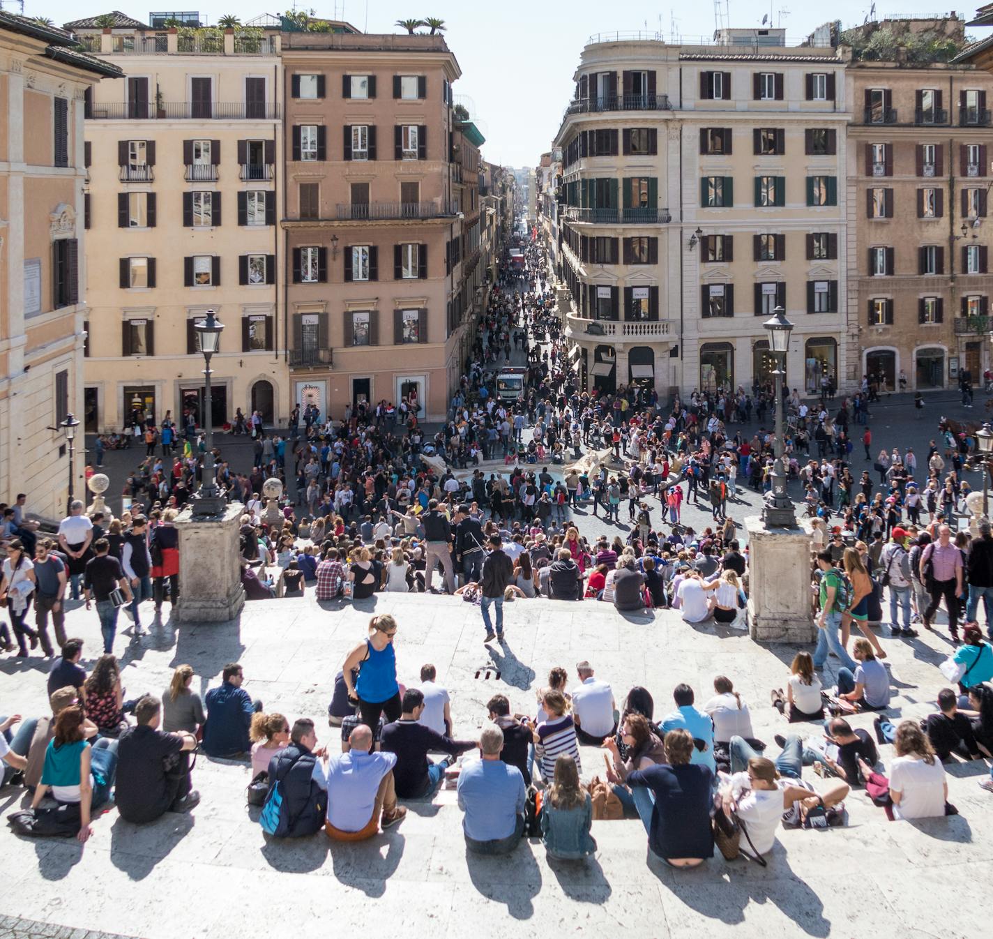 Rome, Italy - 3 April 2015: View of tourists gathering around the Spanish Steps. Scenes from Rome, Italy, at Easter time.