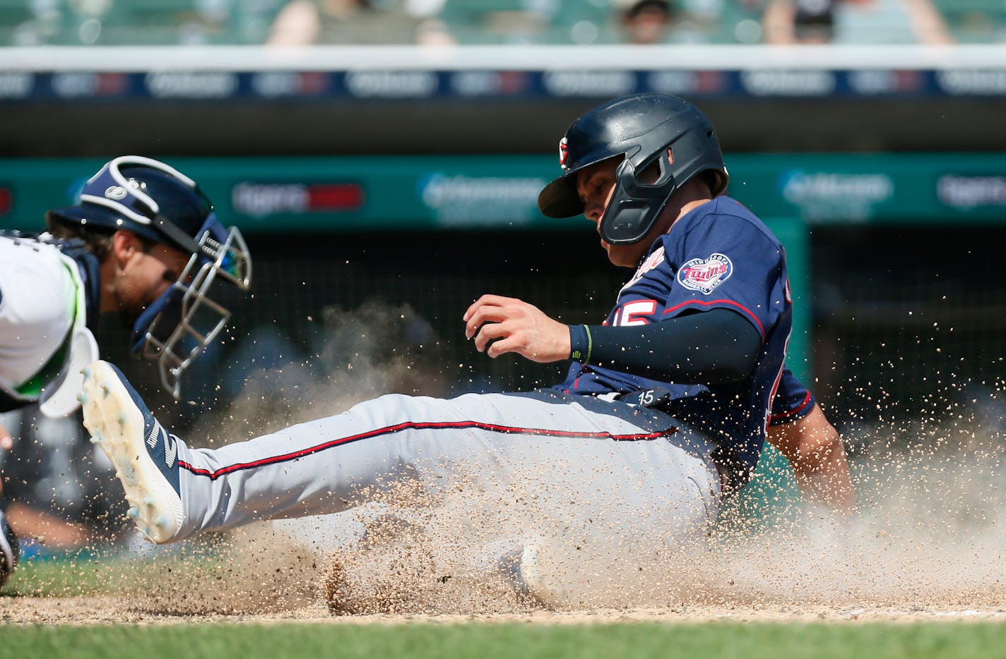 Gio Urshela (15) of the Minnesota Twins scores against the Detroit Tigers on a double hit by Luis Arraez during the seventh inning at Comerica Park on July 24, 2022, in Detroit, Michigan. (Duane Burleson/Getty Images/TNS) ORG XMIT: 54012385W