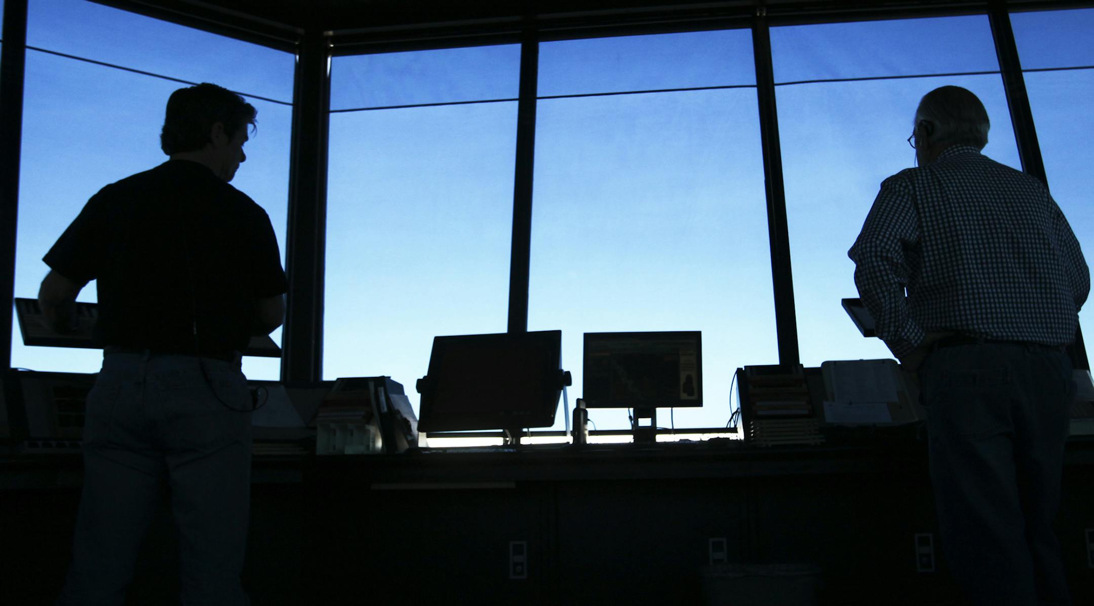 From the airport tower, a pair of air traffic controller monitor and direct takeoffs and landings from the Anoka County-Blaine Airport, which has 400 based aircraft and two 5,000 foot runways. The airport had 80,000 operations last year. "At times, the tower tells you what runway is active and it will direct traffic to that, much like a traffic cop in an intersection," said Christ Gabiou, Director of Marketing for Twin Cities Aviation. The scene at Anoka County-Blaine Airport was photographed Fr