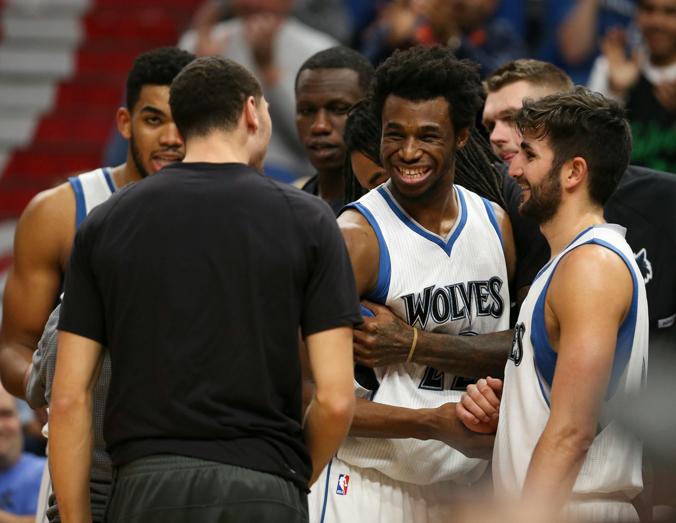 Timberwolves forward Andrew Wiggins beamed as he came off the court and was congratulated by teammates late in the fourth quarter after putting up a career-best 47 points. The Minnesota Timberwolves beat the Los Angeles Lakers 125-99 at Target Center in Sunday night, November 13, 2016 in Minneapolis.
