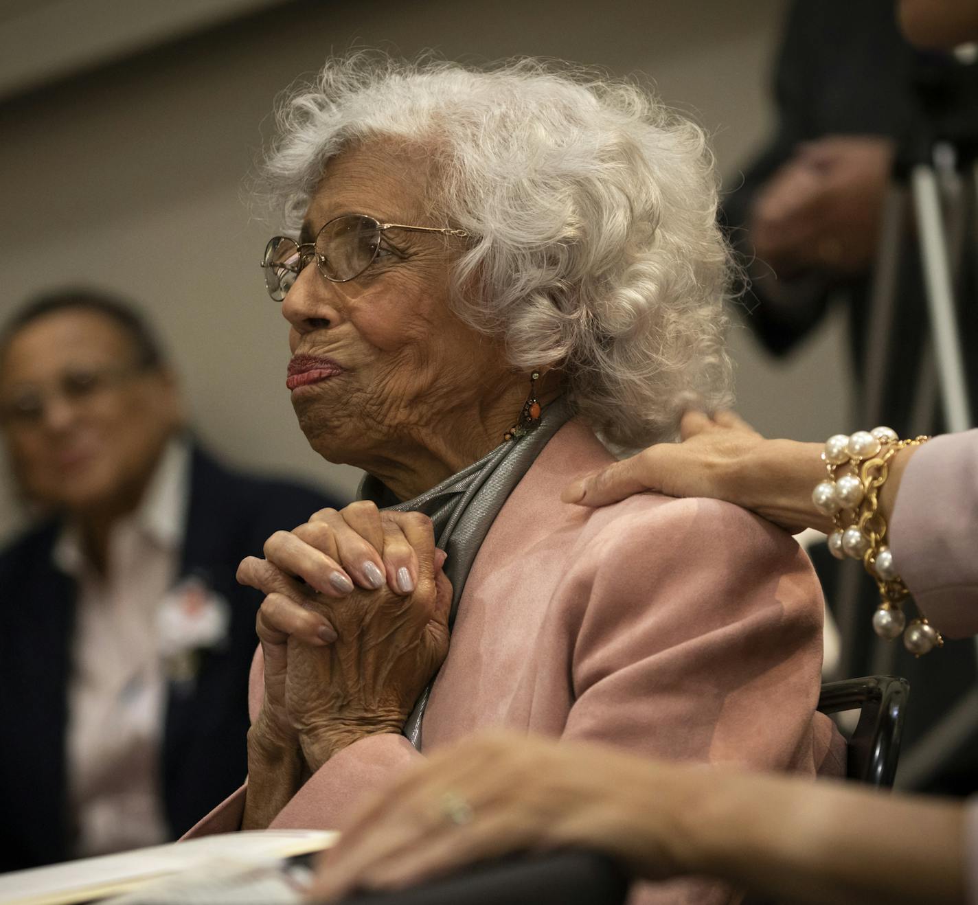 Dr. Josie Robinson Johnson reacted as University President Eric Kaler read the description of her that will be posted in the community room that was being dedicated to her at a ceremony to establish the Josie Robinson Johnson Fellowship and the community room at the University of Minnesota Humphrey School of Public Affairs in Minneapolis, Minn., on Monday, October 15, 2018. ] RENEE JONES SCHNEIDER &#x2022; renee.jones@startribune.com