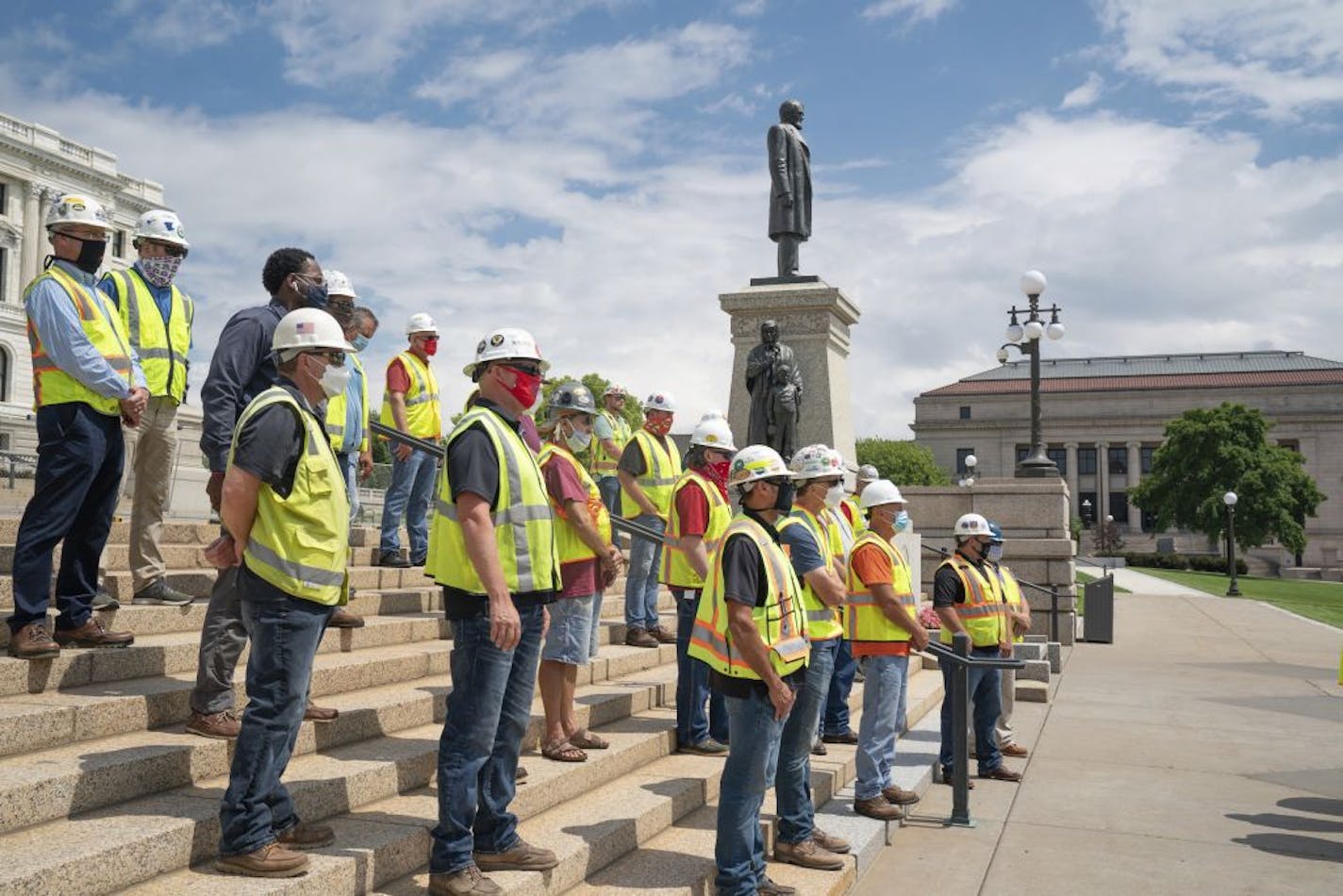 The Minnesota Building and Construction Trades Council holds a press conference on Tuesday, July 21 at the State Capitol's Upper Mall in St. Paul, Minn., addressing the Legislature's failure to pass a bonding bill in the second special session.