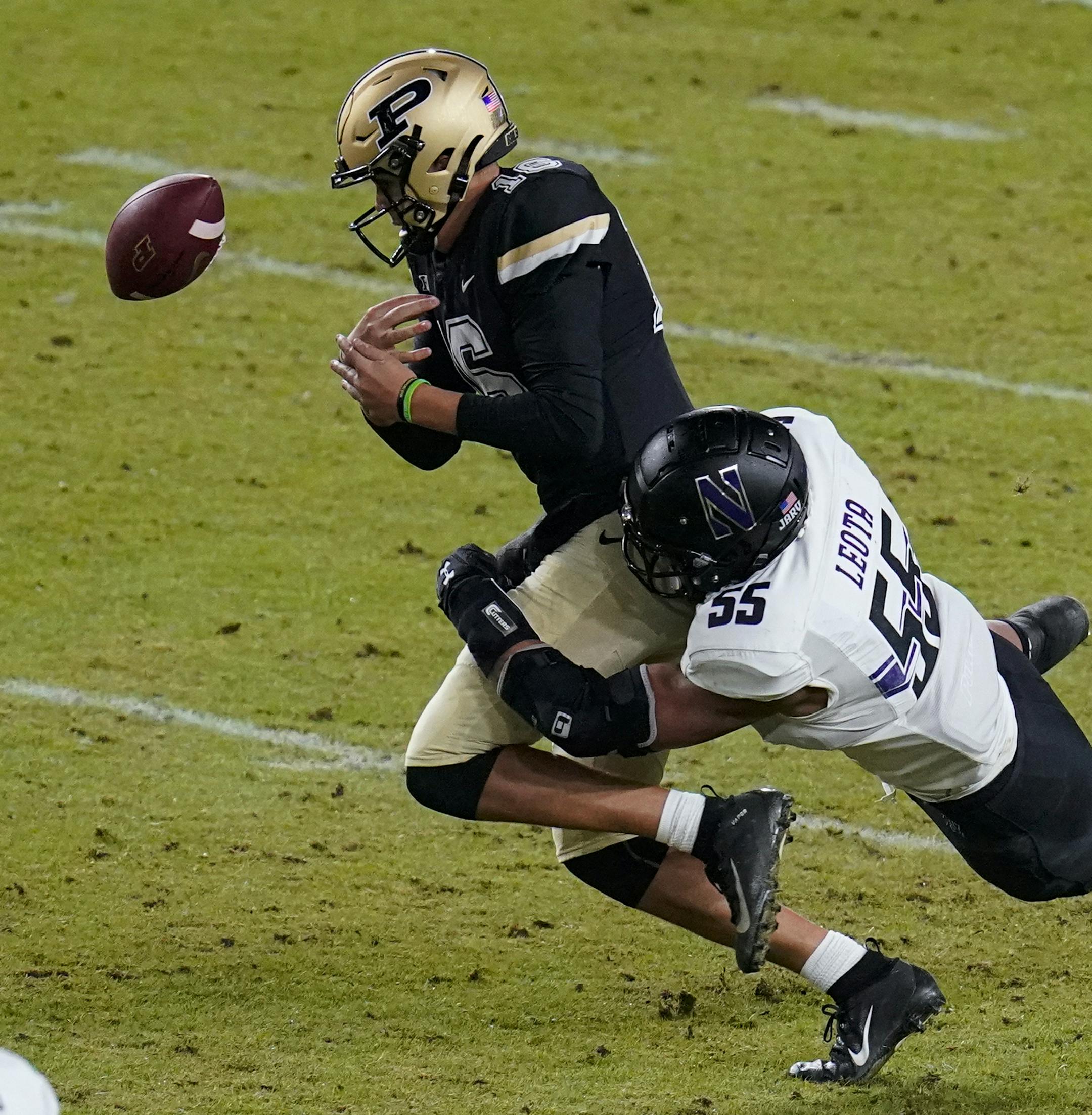 Purdue quarterback Aidan O'Connell (16) fumbles the ball as he's hit by Northwestern defensive lineman Eku Leota (55) during the third quarter of an NCAA college football game in West Lafayette, Ind., Saturday, Nov. 14, 2020. (AP Photo/Michael Conroy)