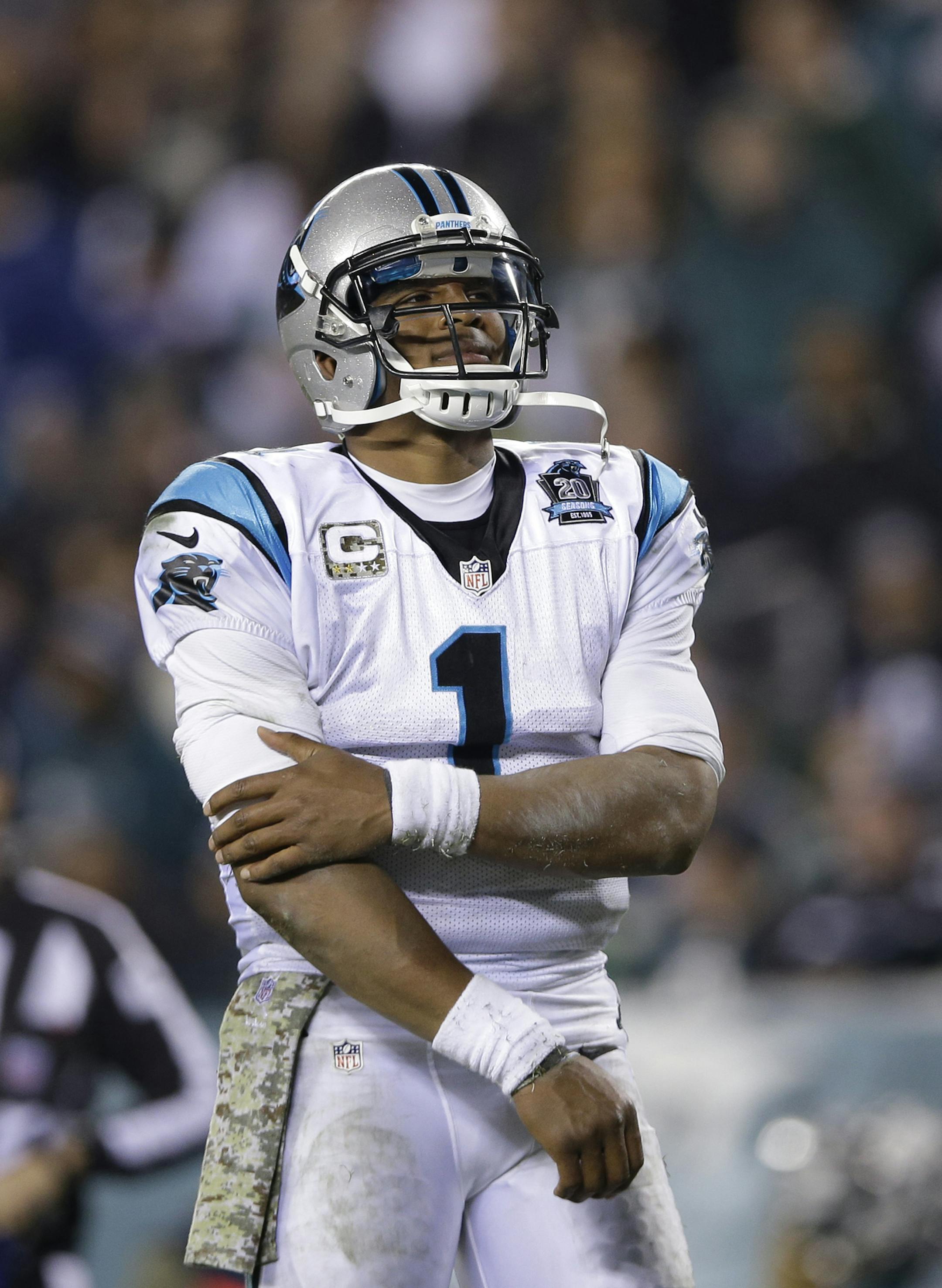 Carolina Panthers' Cam Newton is seen during an NFL football game against the Philadelphia Eagles on Monday, Nov. 10, 2014, in Philadelphia. (AP Photo/Michael Perez)