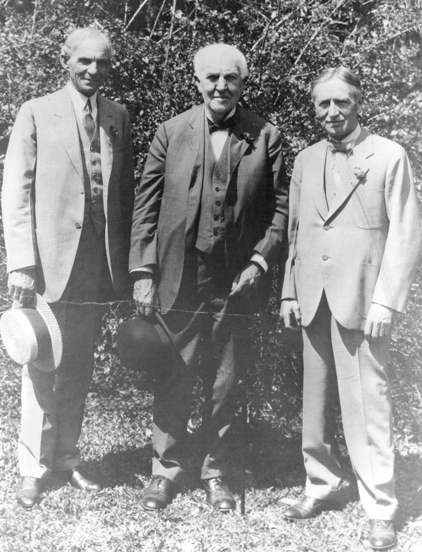 Henry Ford, Thomas Edison and Harvey Firestone, photographed on the grounds of Edison's winter home in Florida, Seminole Lodge, about 1925.