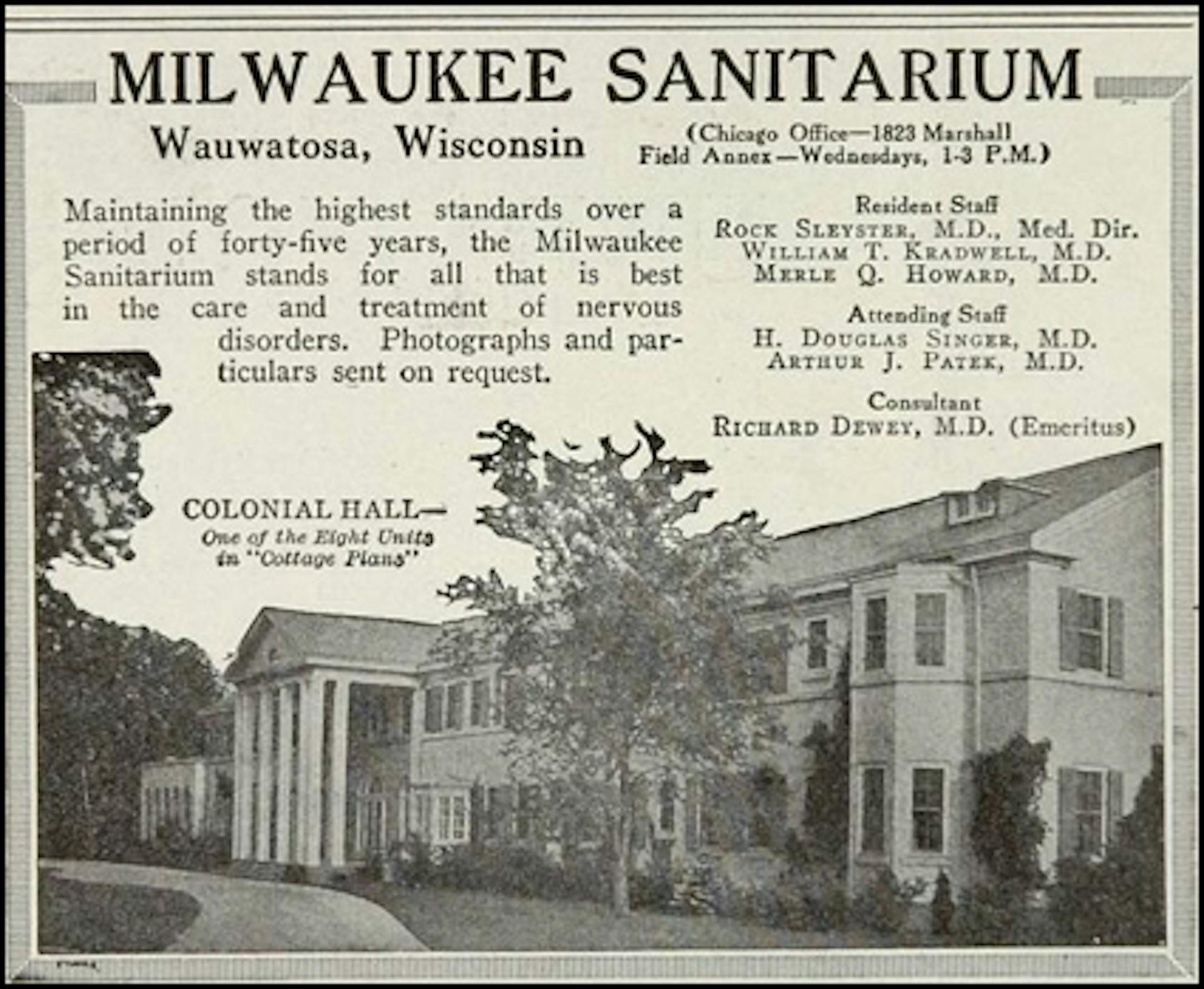 1929 ad for Milwaukee Sanitarium in Wawautosa