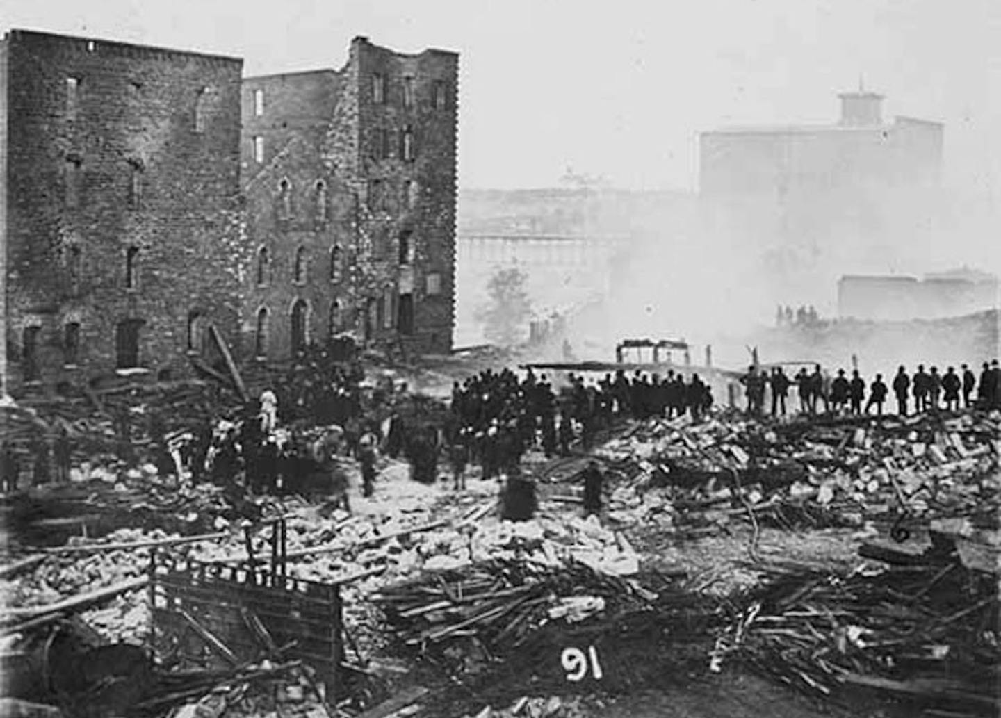 Ruins of Washburn A. Mill afer explosion, Minneapolis 1878. Minnesota Historical Society