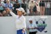 Minjee Lee reacts after sinking a birdie putt on the 18th green in the second playoff hole to win the LPGA Kroger Queen City Championship golf tournam