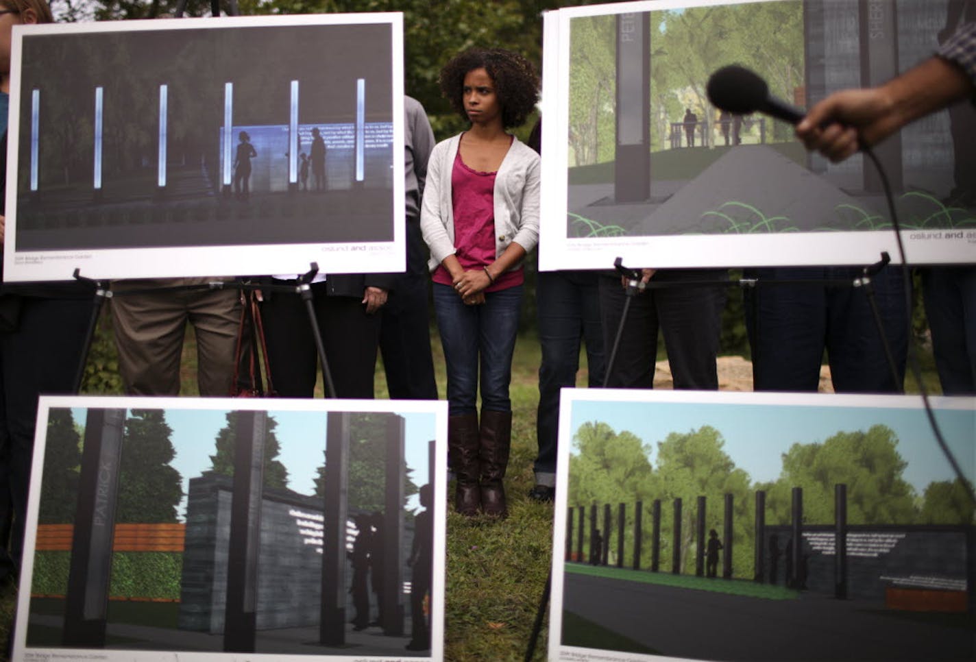 Justina Hausmann, whose father, Peter, died in the 35W bridge collapse, stood with others with ties to the bridge as renderings of the design for a memorial were presented by architect Tom Oslund.