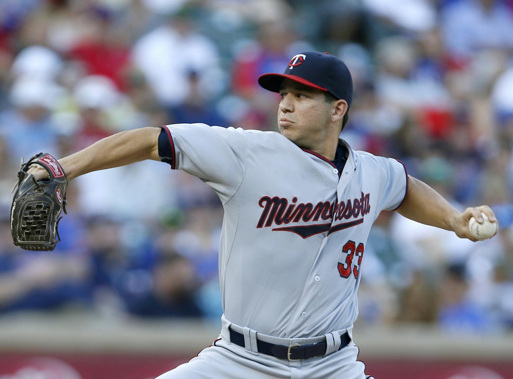 Minnesota Twins starting pitcher Tommy Milone (33) delivers in the first inning of a baseball game against the Texas Rangers, Friday, June 12, 2015, in Arlington, Texas. (AP Photo/Ron Jenkins)